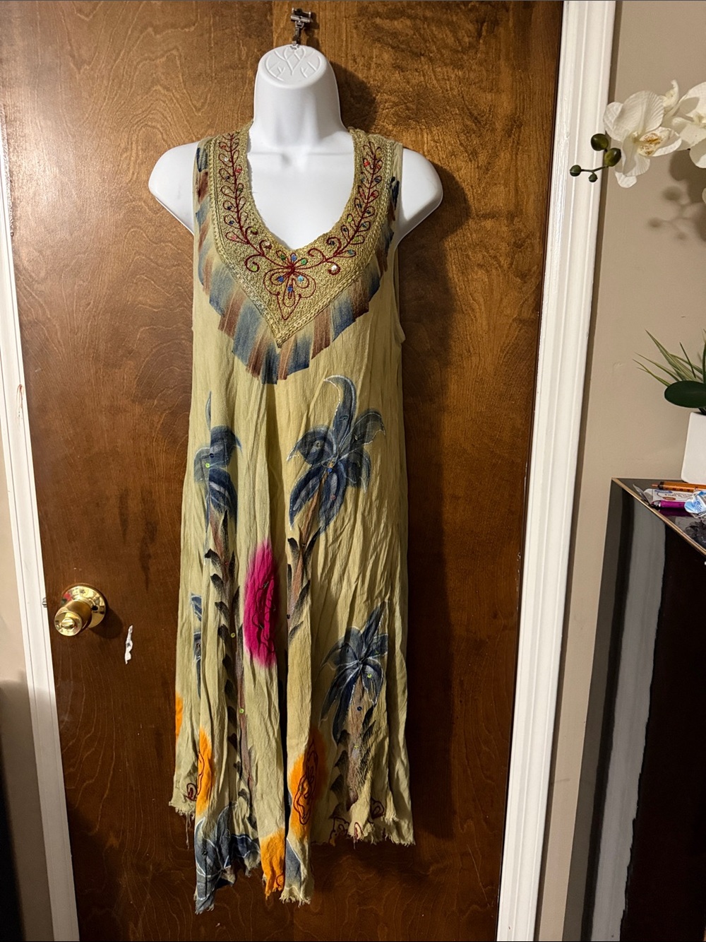 Boho Embroidered Olive Green Maxi Dress with Floral Accents